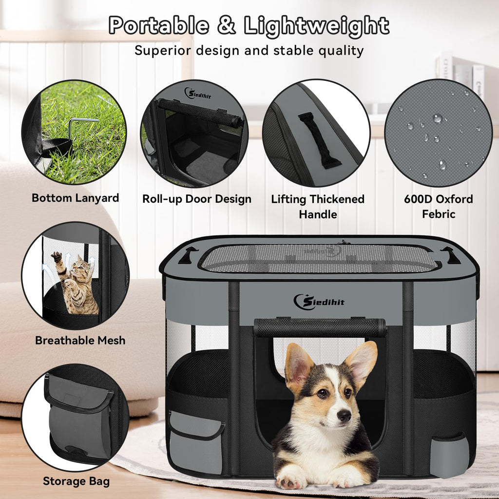 Siedihit Large Dark Grey Dog Cat Playpen – Foldable Indoor/Outdoor Pet Kennel Tent