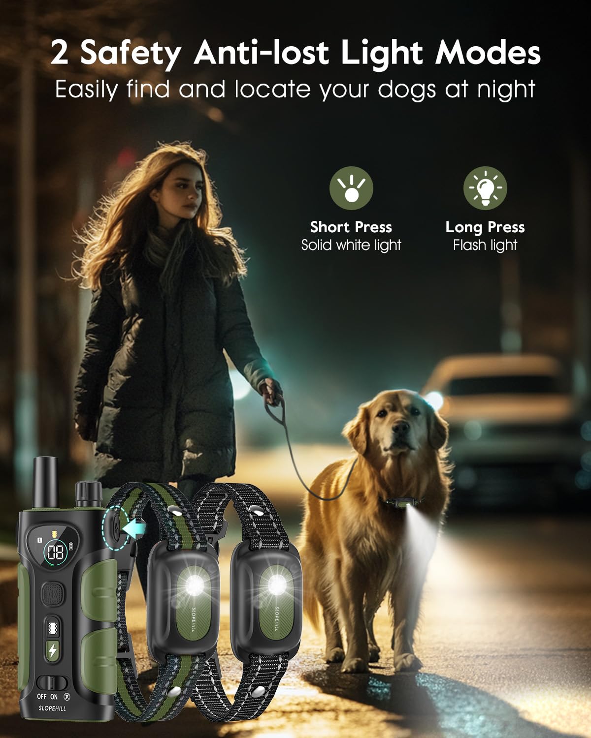 SLOPEHILL Dog Training Collar 2-Pack — 4200ft Remote, IP68 Waterproof, Beep, Vibration, Light, No Shock
