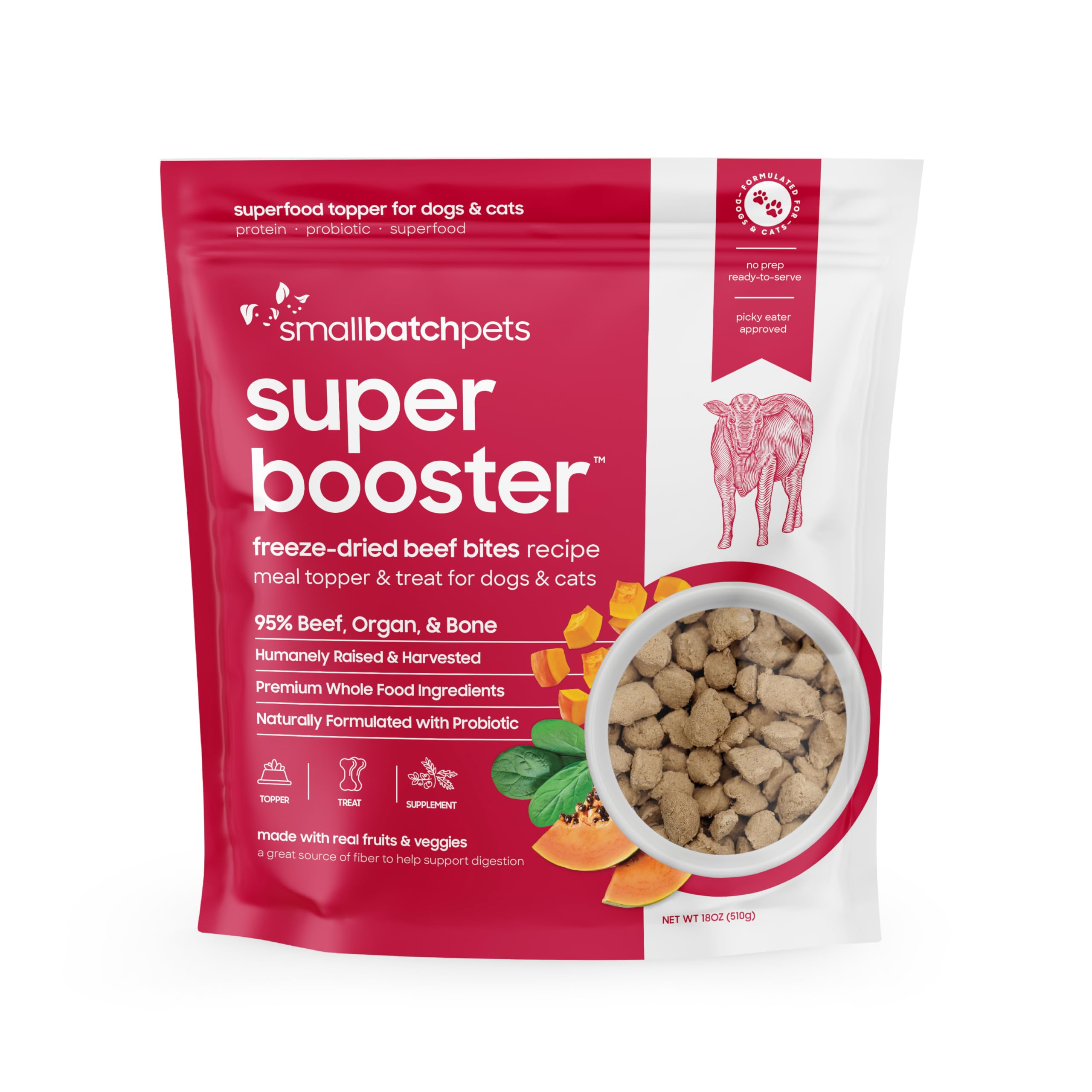 smallbatch Freeze Dried Dog Treats – Probiotic Superfood Topper, Grain-Free Beef Bites, Made in USA (18 oz)