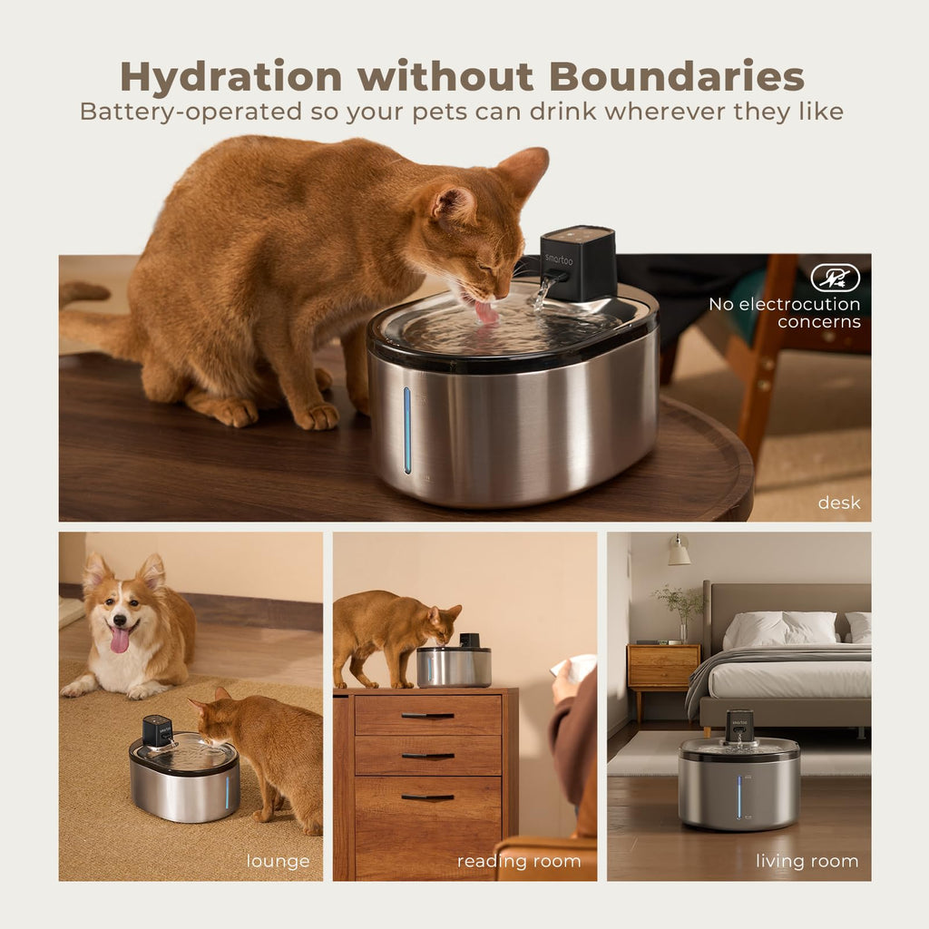 Smartoo Wireless Cat Water Fountain Stainless Steel – 152oz/4.5L, Battery-Operated, Motion Sensor