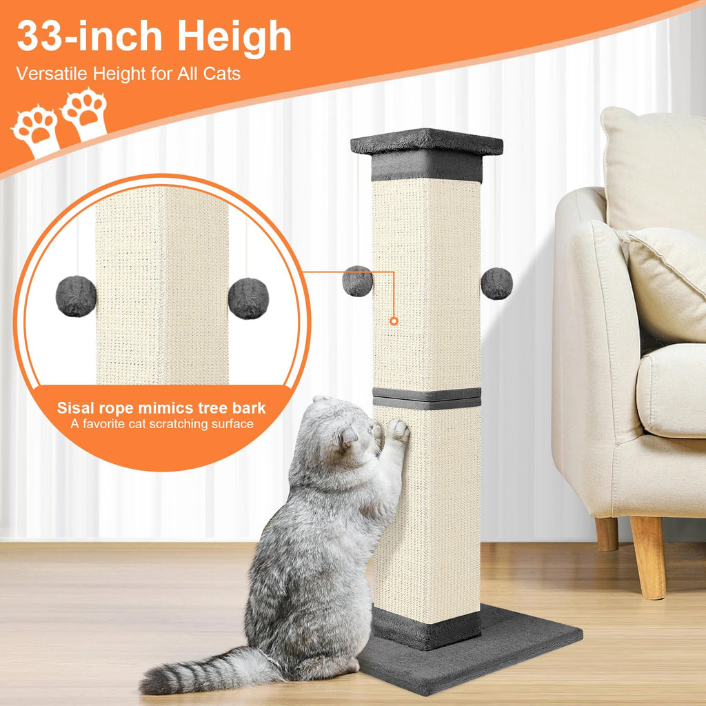 SOCATER Cat Scratching Post 33-Inch – Natural Sisal, Indoor Cats, Grey