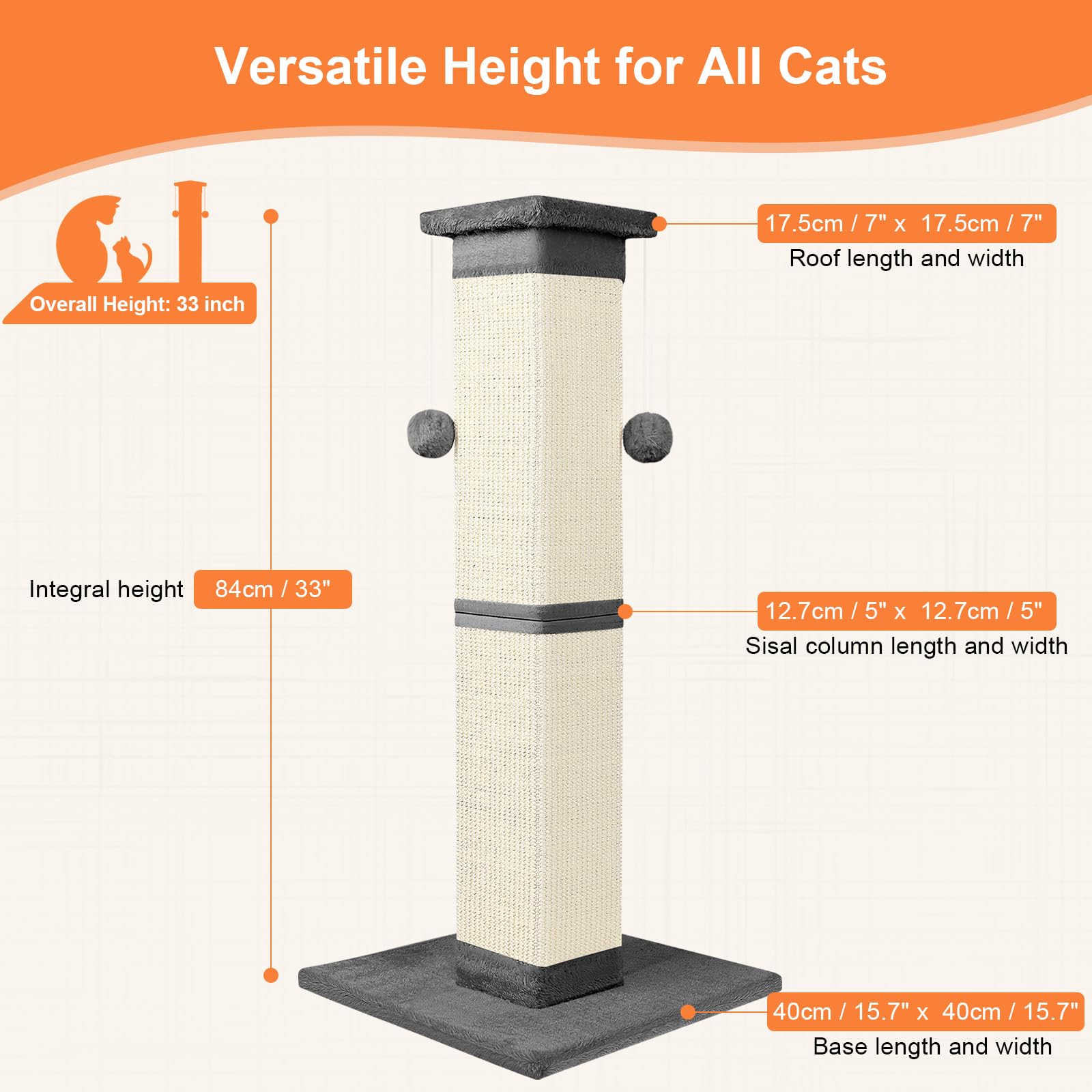 SOCATER Cat Scratching Post 33-Inch – Natural Sisal, Indoor Cats, Grey