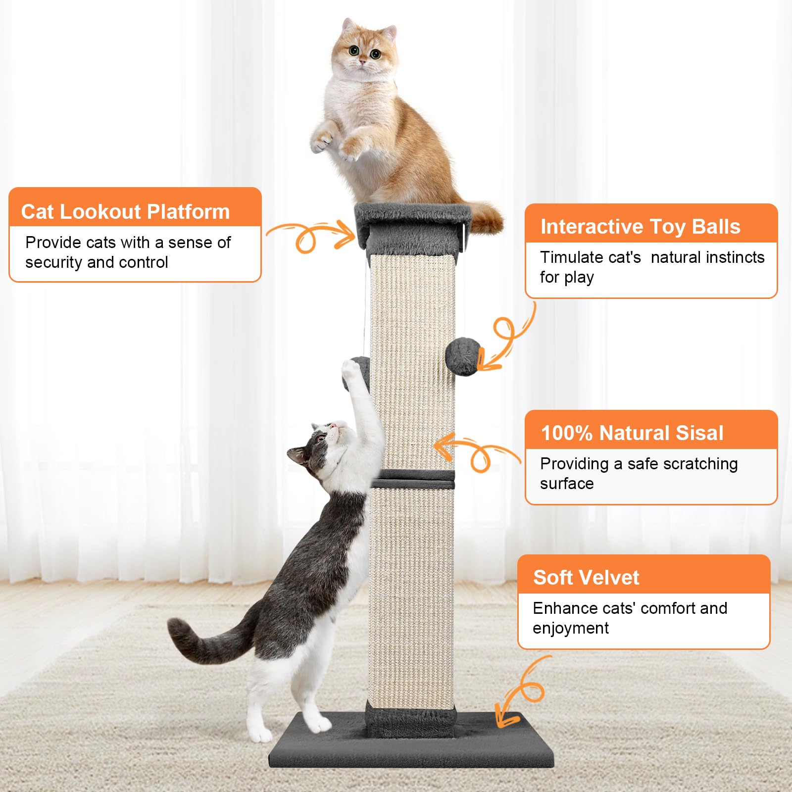 SOCATER Cat Scratching Post 33-Inch – Natural Sisal, Indoor Cats, Grey