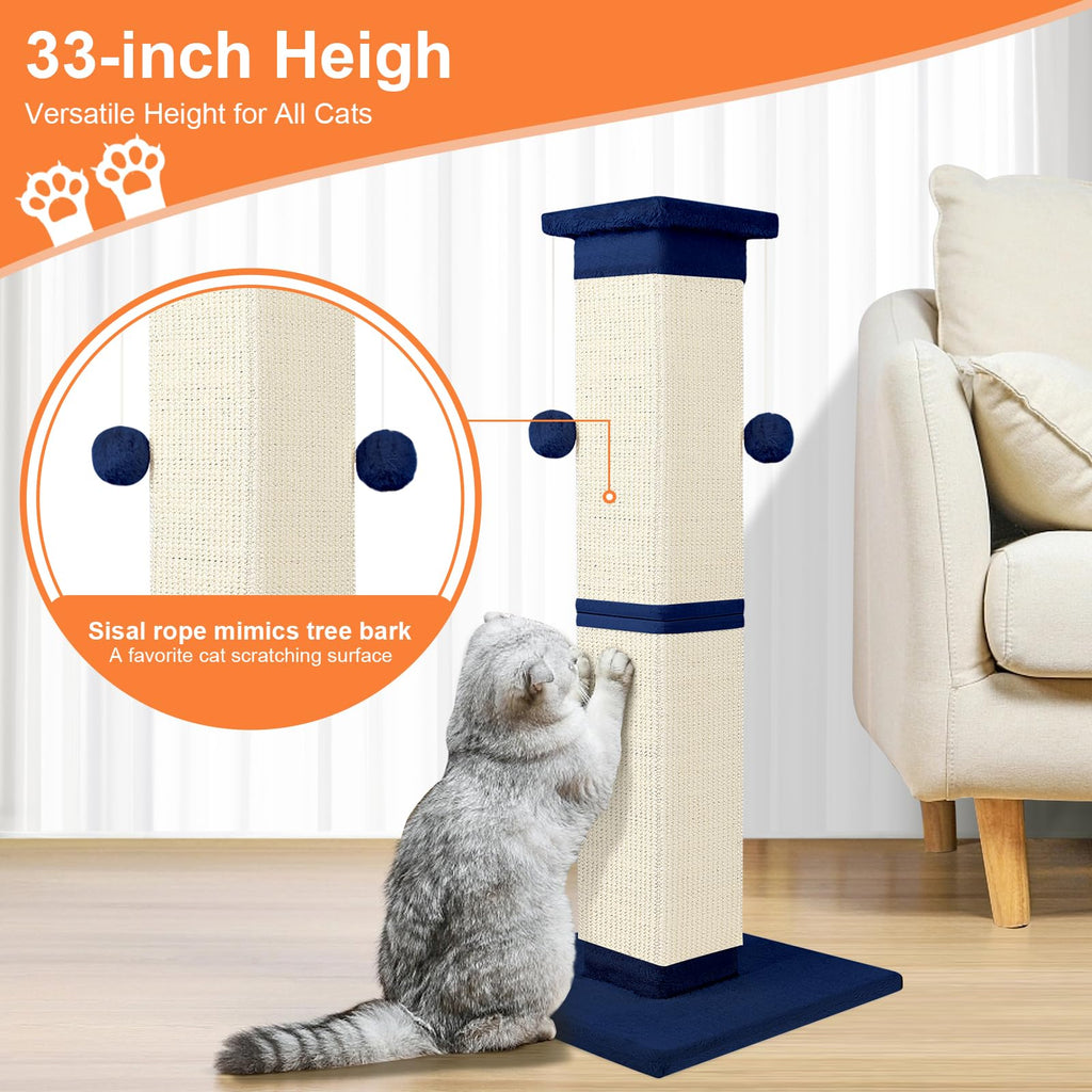SOCATER Cat Scratching Post 33 Inch Nature Sisal – Large Indoor Scratch Post for All Breeds (Blue)