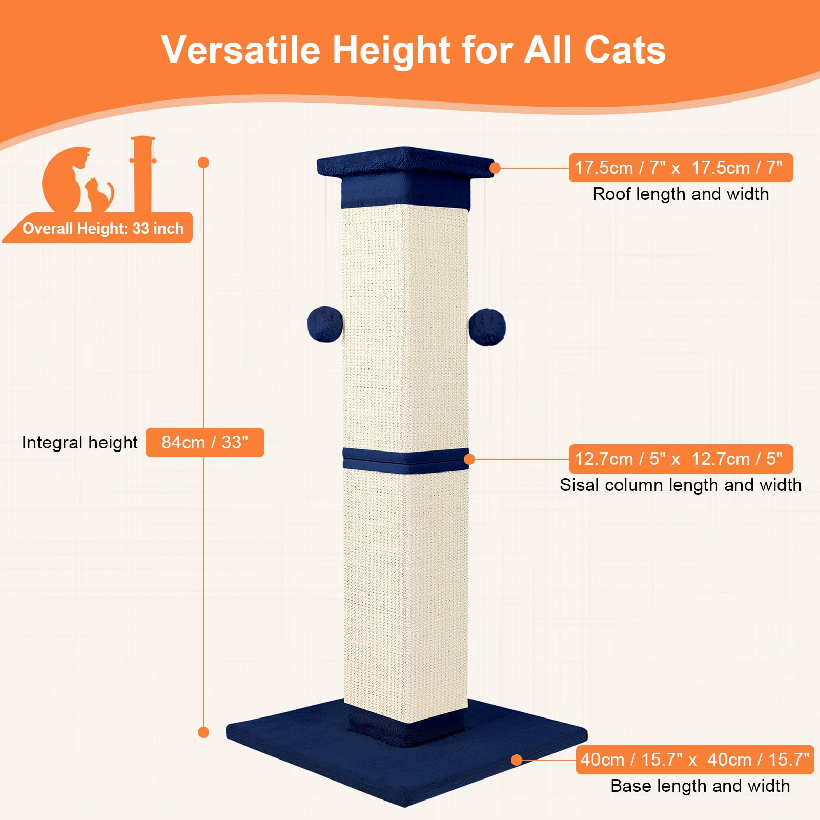 SOCATER Cat Scratching Post 33 Inch Nature Sisal – Large Indoor Scratch Post for All Breeds (Blue)