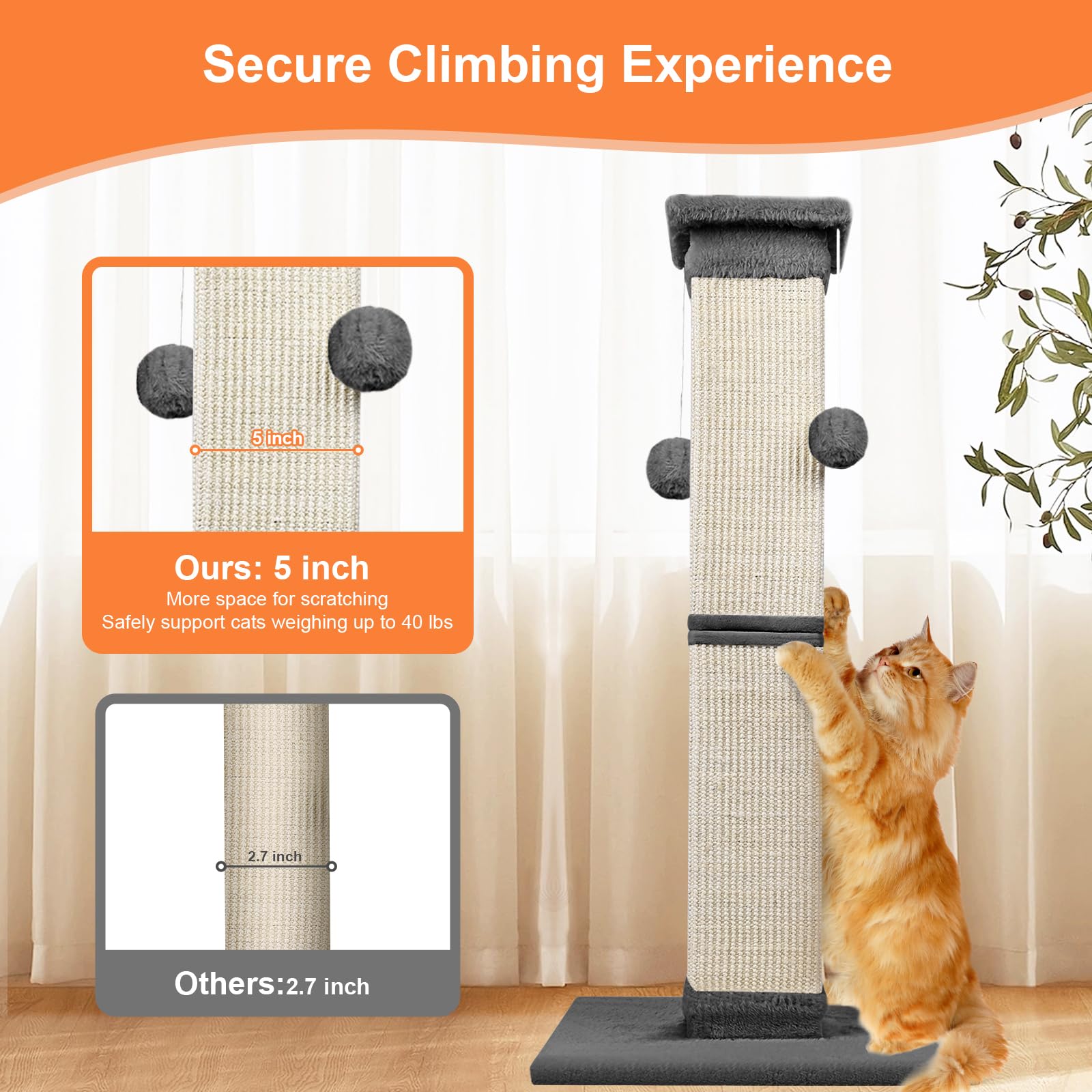 SOCATER Cat Scratching Post 33-Inch – Natural Sisal, Indoor Cats, Grey
