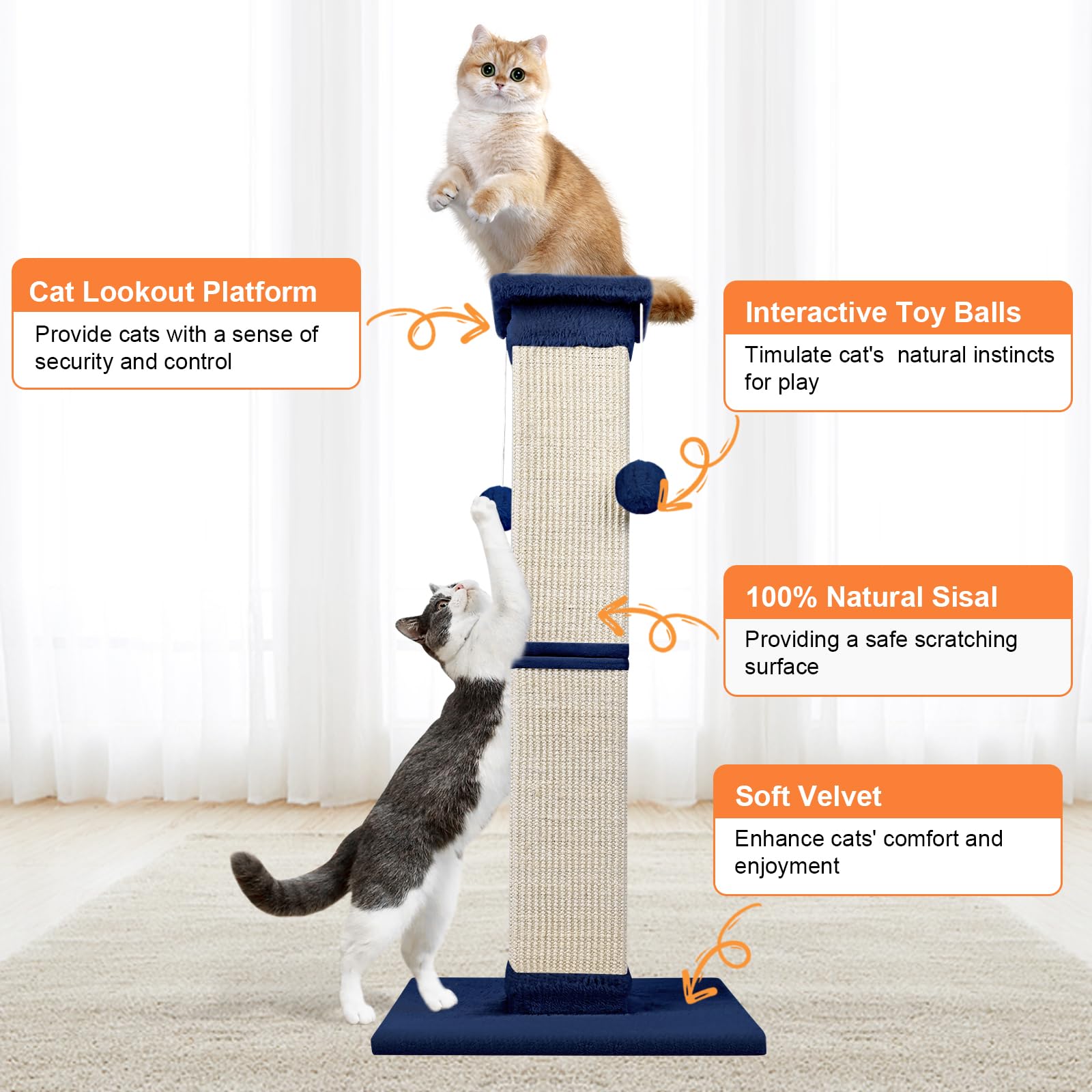 SOCATER Cat Scratching Post 33 Inch Nature Sisal – Large Indoor Scratch Post for All Breeds (Blue)