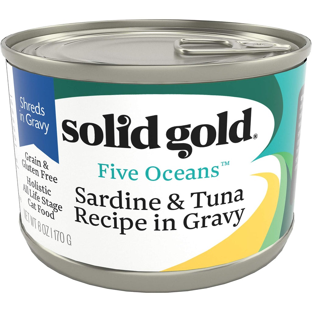 Solid Gold Five Oceans Wet Cat Food Shreds in Gravy — Real Tuna & Sardine, Grain-Free, 16 Count / 6 oz Cans