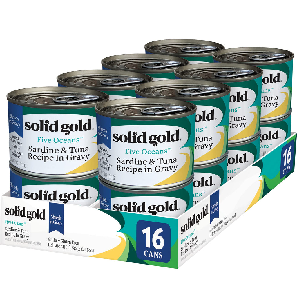 Solid Gold Five Oceans Wet Cat Food Shreds in Gravy — Real Tuna & Sardine, Grain-Free, 16 Count / 6 oz Cans