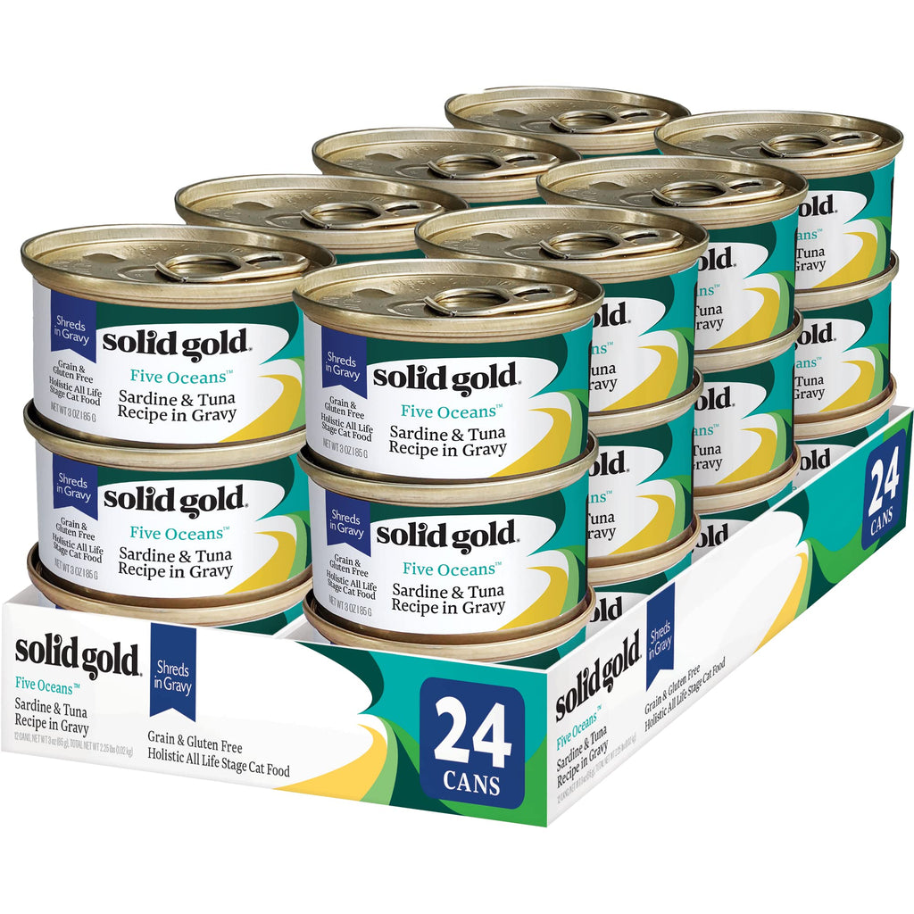 Solid Gold Wet Cat Food Shreds in Gravy — Grain-Free Tuna & Sardine Canned Cat Food for Cats & Kittens (24ct/3oz)