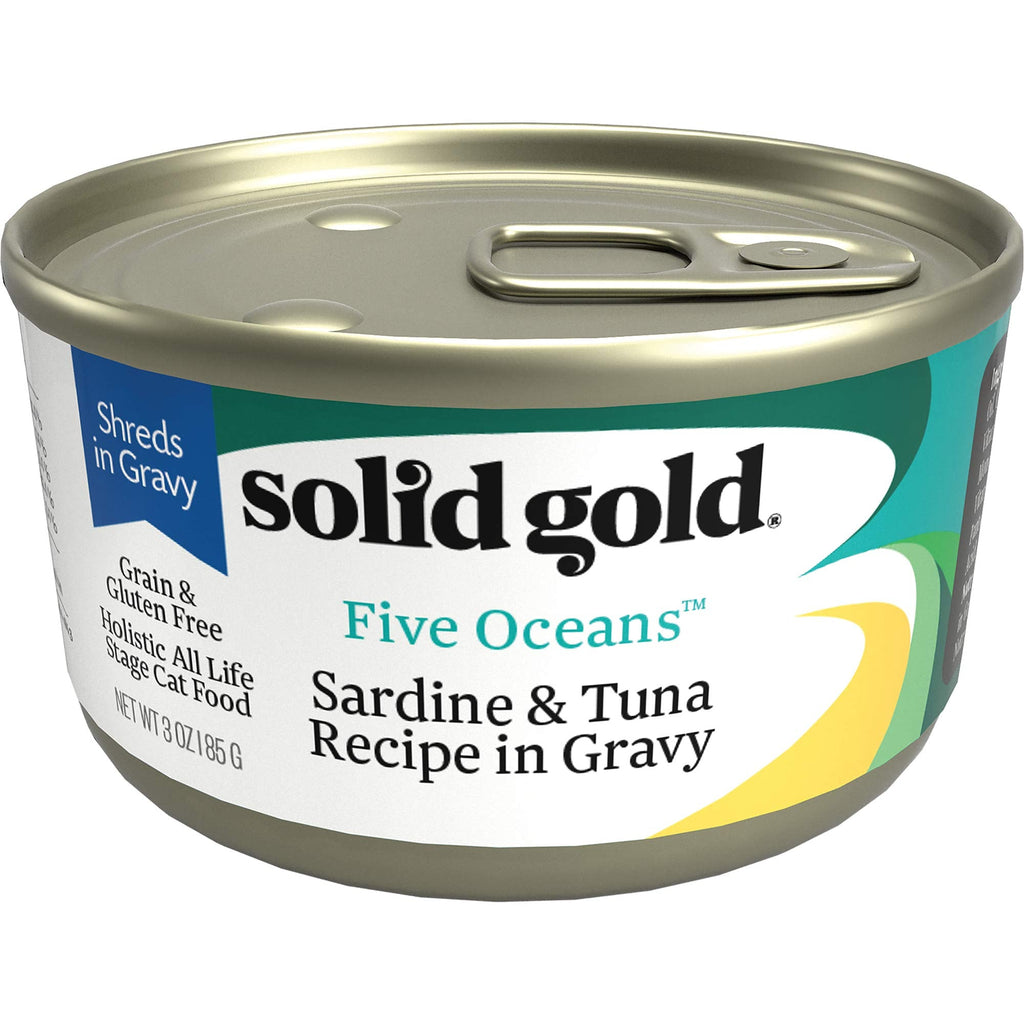 Solid Gold Wet Cat Food Shreds in Gravy — Grain-Free Tuna & Sardine Canned Cat Food for Cats & Kittens (24ct/3oz)