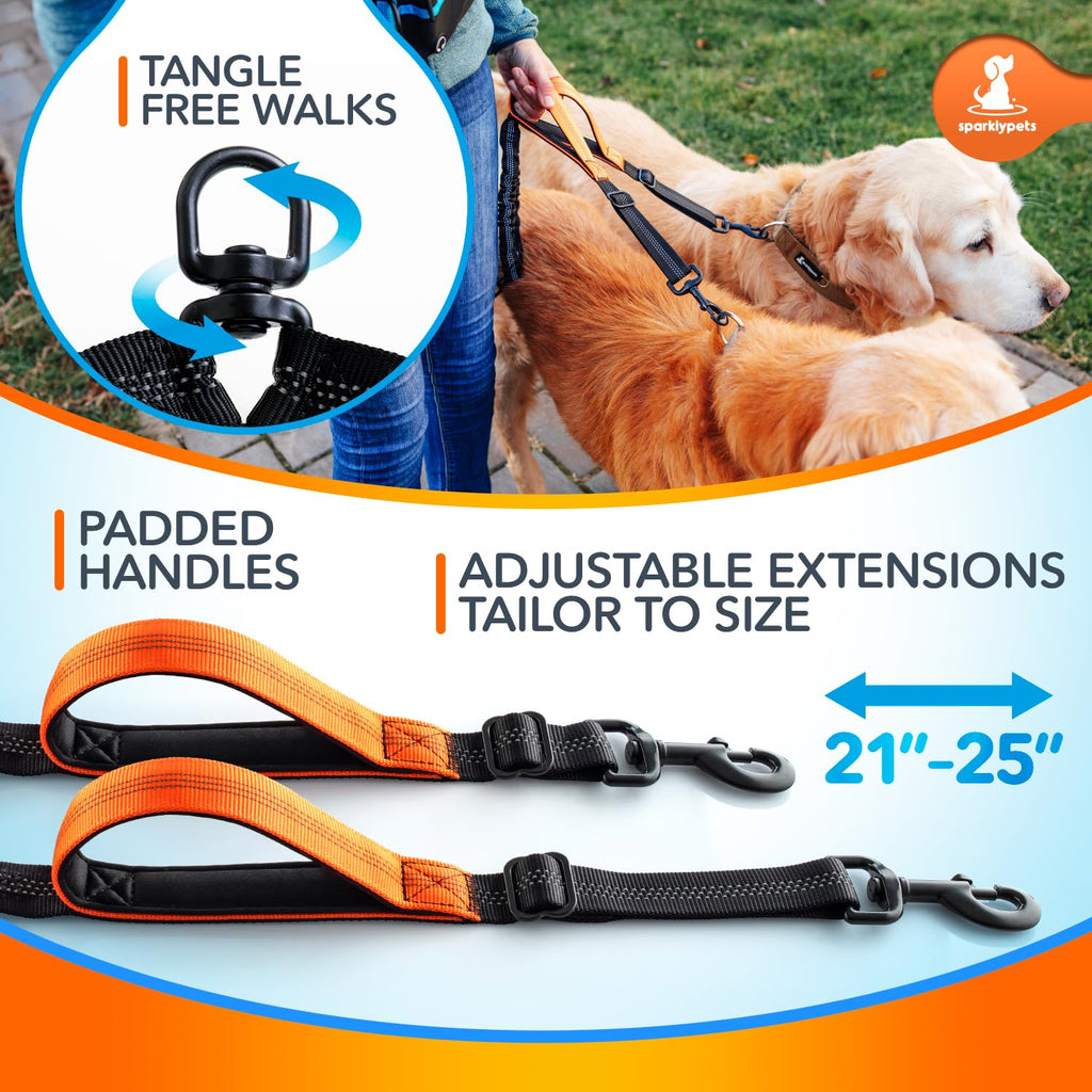 SparklyPets Double Bungee Waist 2 Dog Leash with Back Brace – Dual Walking Belt for Medium/Large Dogs