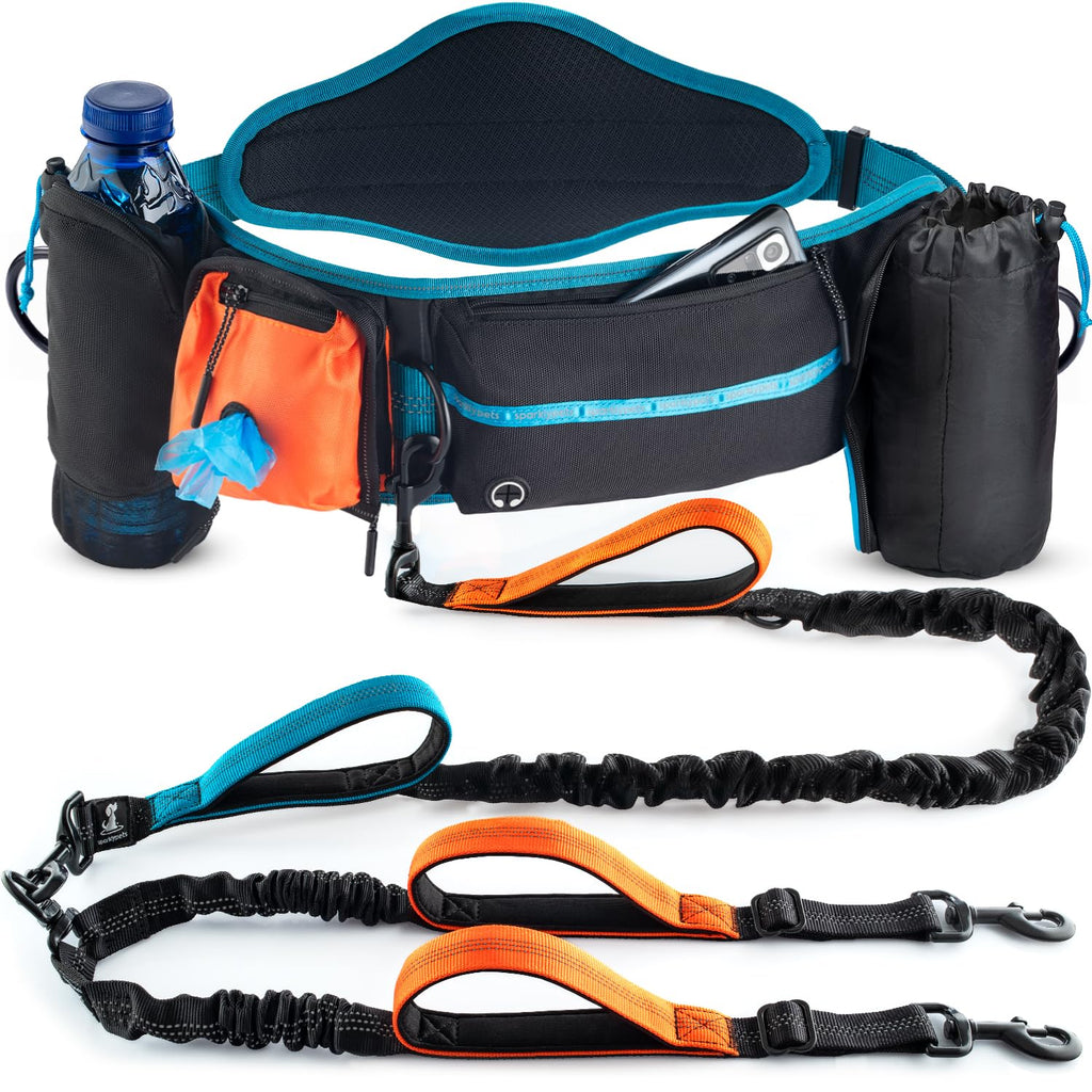 SparklyPets Double Bungee Waist 2 Dog Leash with Back Brace – Dual Walking Belt for Medium/Large Dogs
