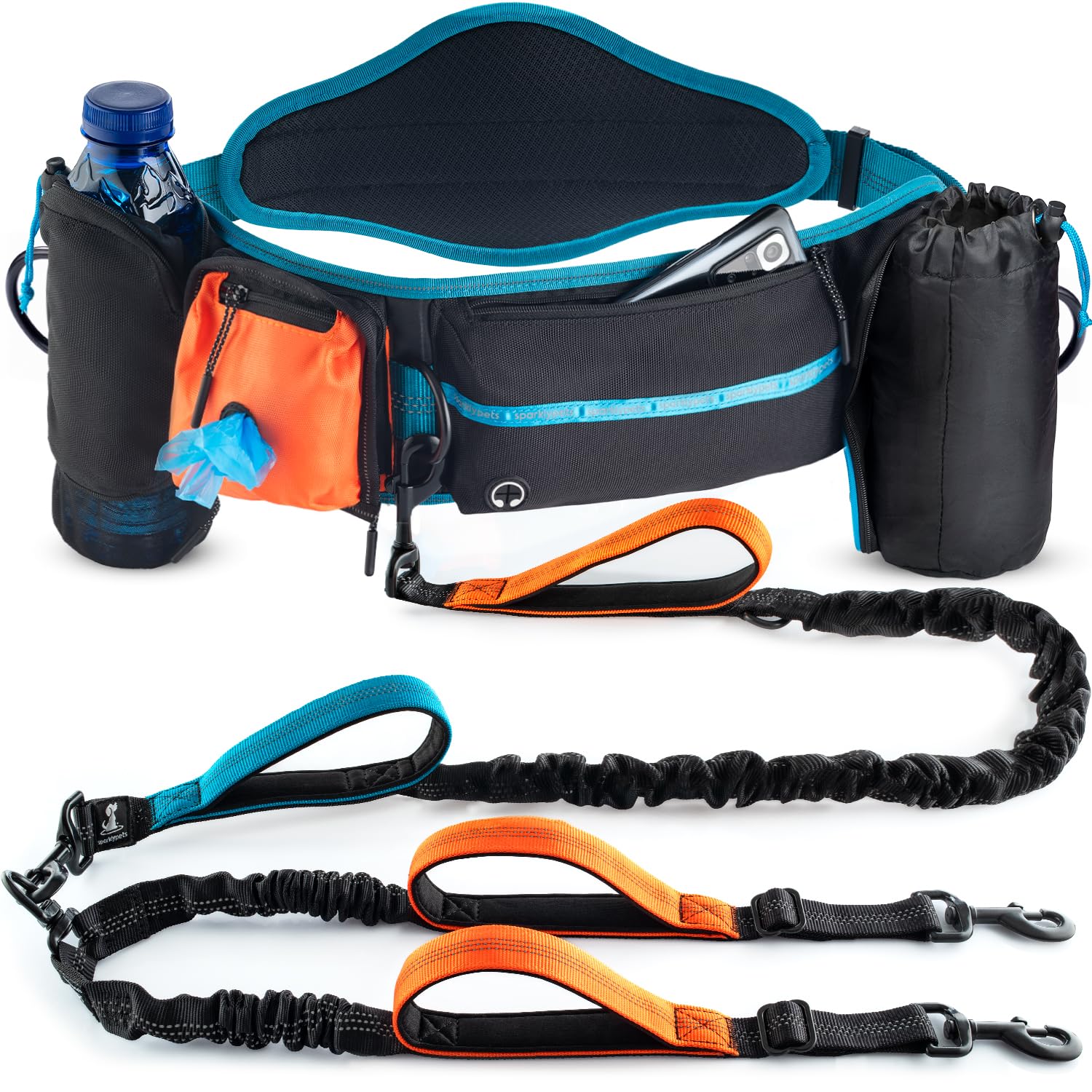 SparklyPets Double Bungee Waist 2 Dog Leash with Back Brace – Dual Walking Belt for Medium/Large Dogs