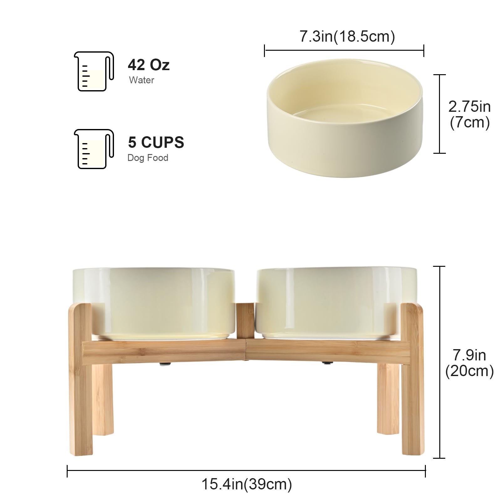 SPUNKYJUNKY Elevated Ceramic Dog Bowls – 7.3-inch, 42 oz, Bamboo Stand | Microwave & Dishwasher Safe