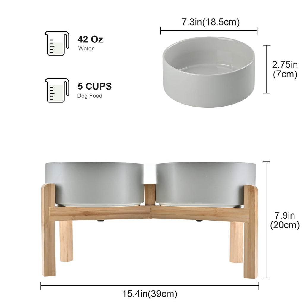 SPUNKYJUNKY Elevated Ceramic Dog Bowls with Bamboo Stand – 42 oz, 7.3-inch, Grey