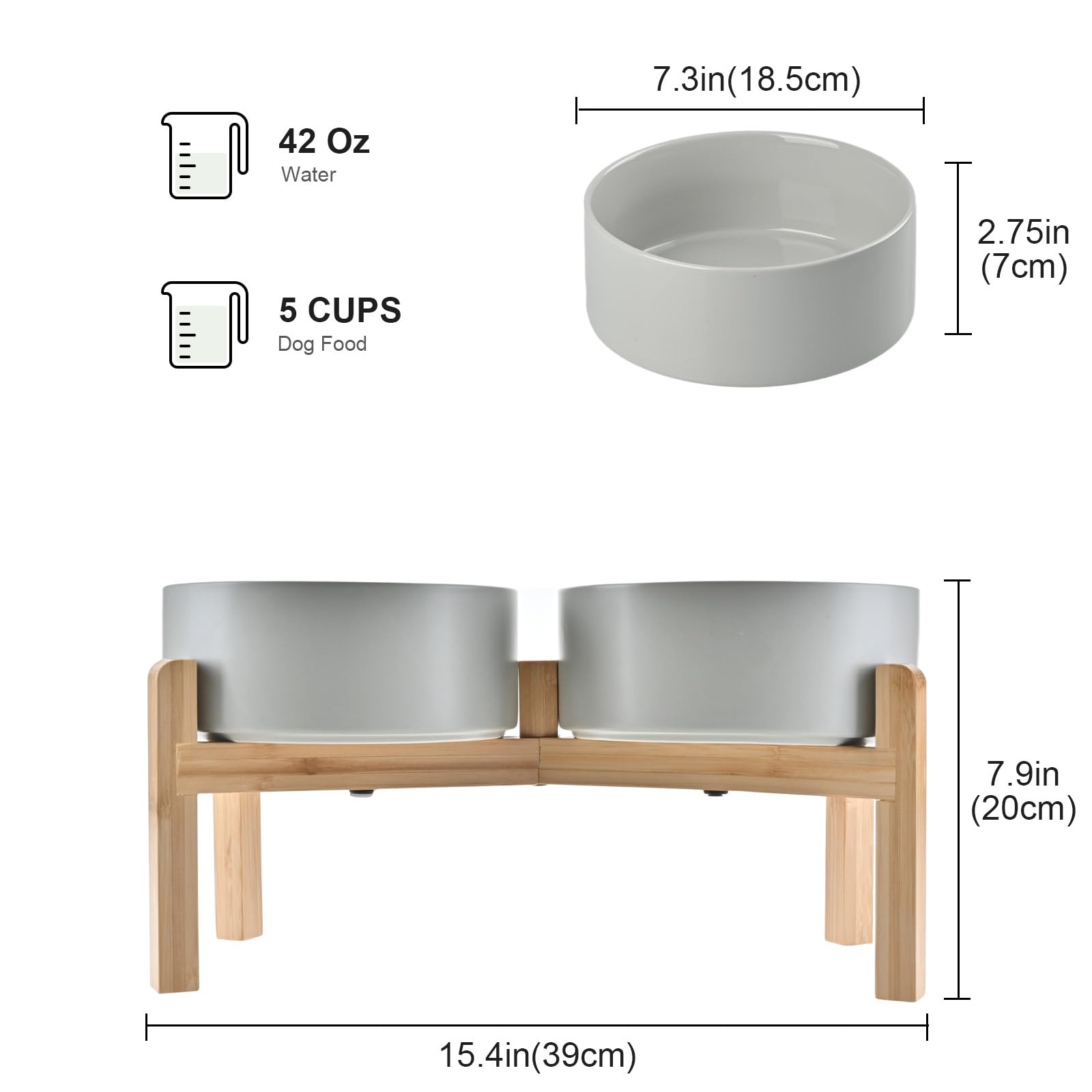 SPUNKYJUNKY Elevated Ceramic Dog Bowls with Bamboo Stand – 42 oz, 7.3-inch, Grey