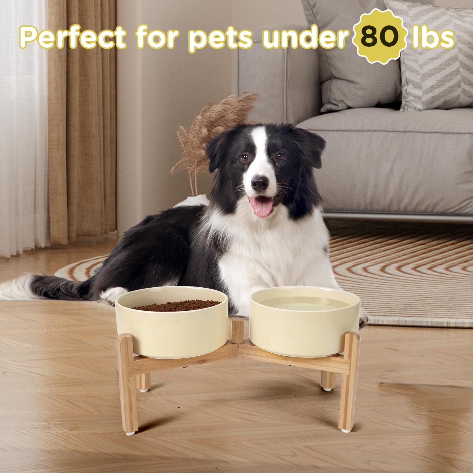 SPUNKYJUNKY Elevated Ceramic Dog Bowls – 7.3-inch, 42 oz, Bamboo Stand | Microwave & Dishwasher Safe