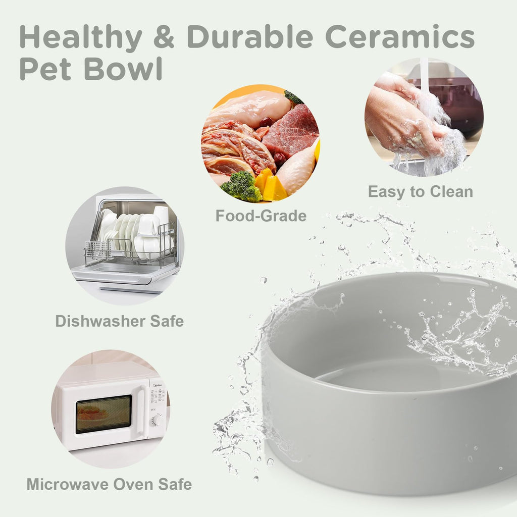 SPUNKYJUNKY Elevated Ceramic Dog Bowls with Bamboo Stand – 42 oz, 7.3-inch, Grey
