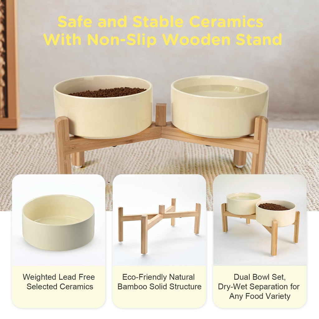 SPUNKYJUNKY Elevated Ceramic Dog Bowls – 7.3-inch, 42 oz, Bamboo Stand | Microwave & Dishwasher Safe