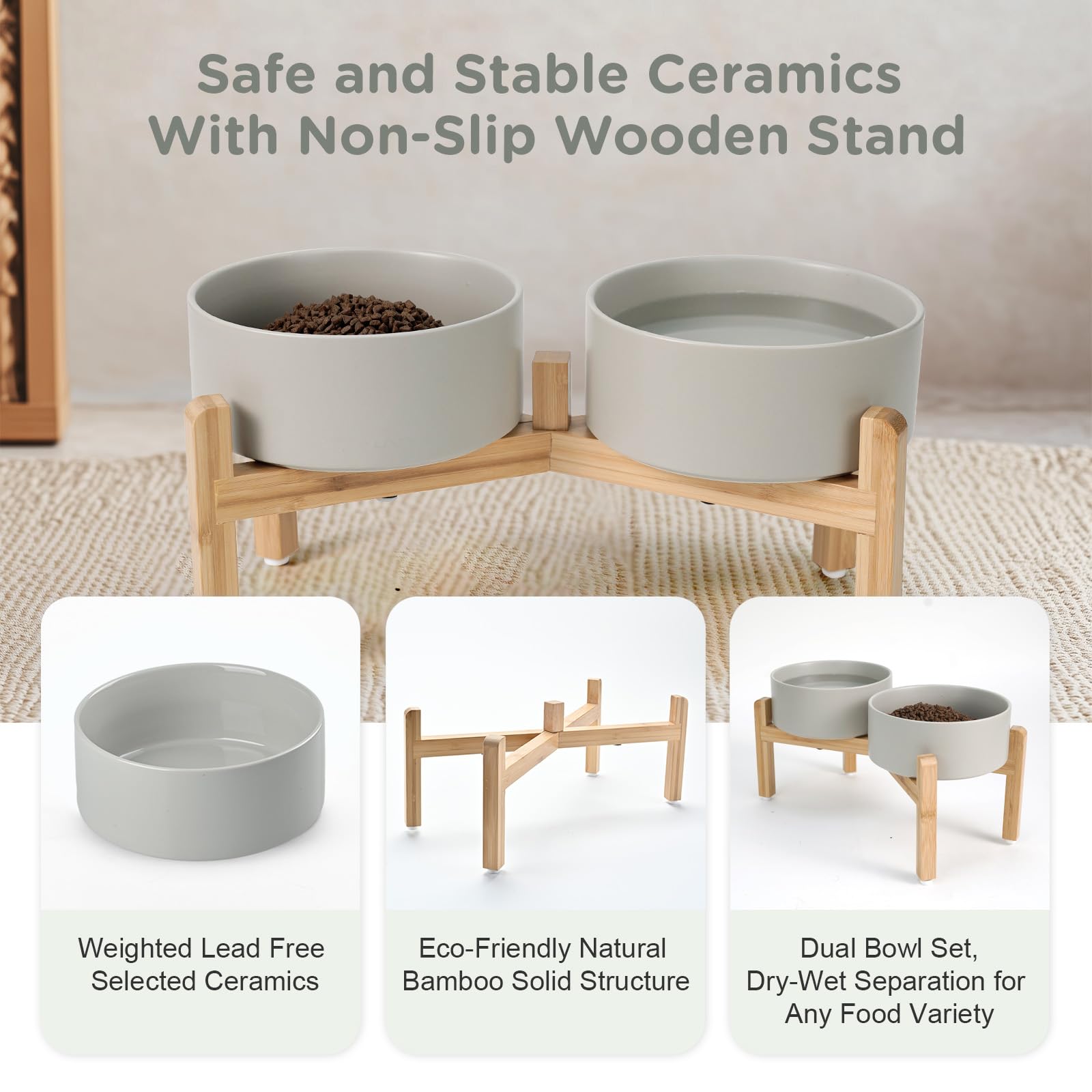 SPUNKYJUNKY Elevated Ceramic Dog Bowls with Bamboo Stand – 42 oz, 7.3-inch, Grey