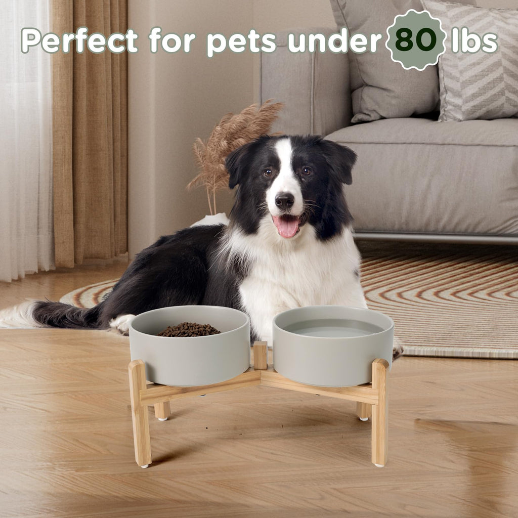 SPUNKYJUNKY Elevated Ceramic Dog Bowls with Bamboo Stand – 42 oz, 7.3-inch, Grey