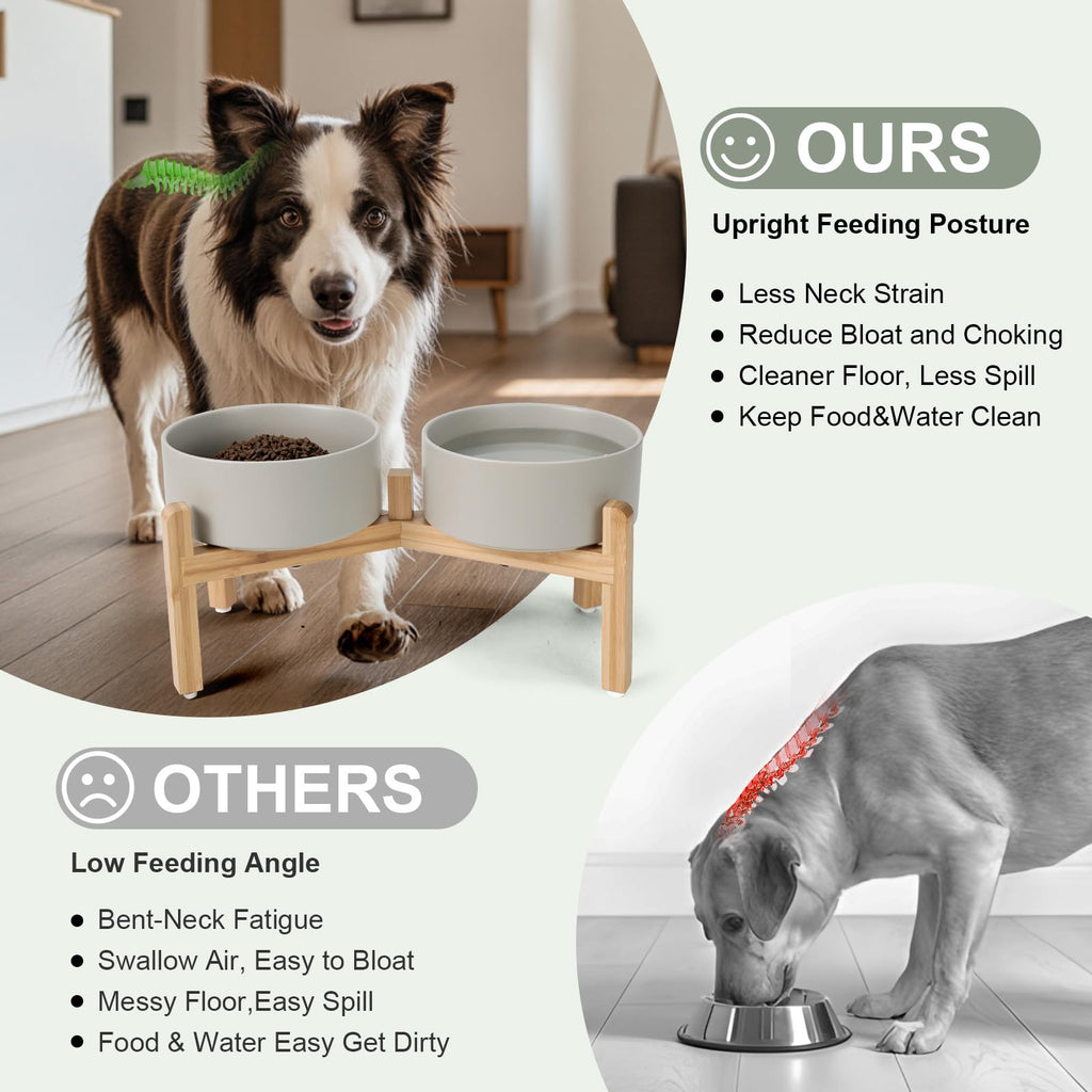 SPUNKYJUNKY Elevated Ceramic Dog Bowls with Bamboo Stand – 42 oz, 7.3-inch, Grey