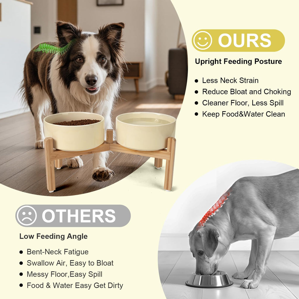 SPUNKYJUNKY Elevated Ceramic Dog Bowls – 7.3-inch, 42 oz, Bamboo Stand | Microwave & Dishwasher Safe