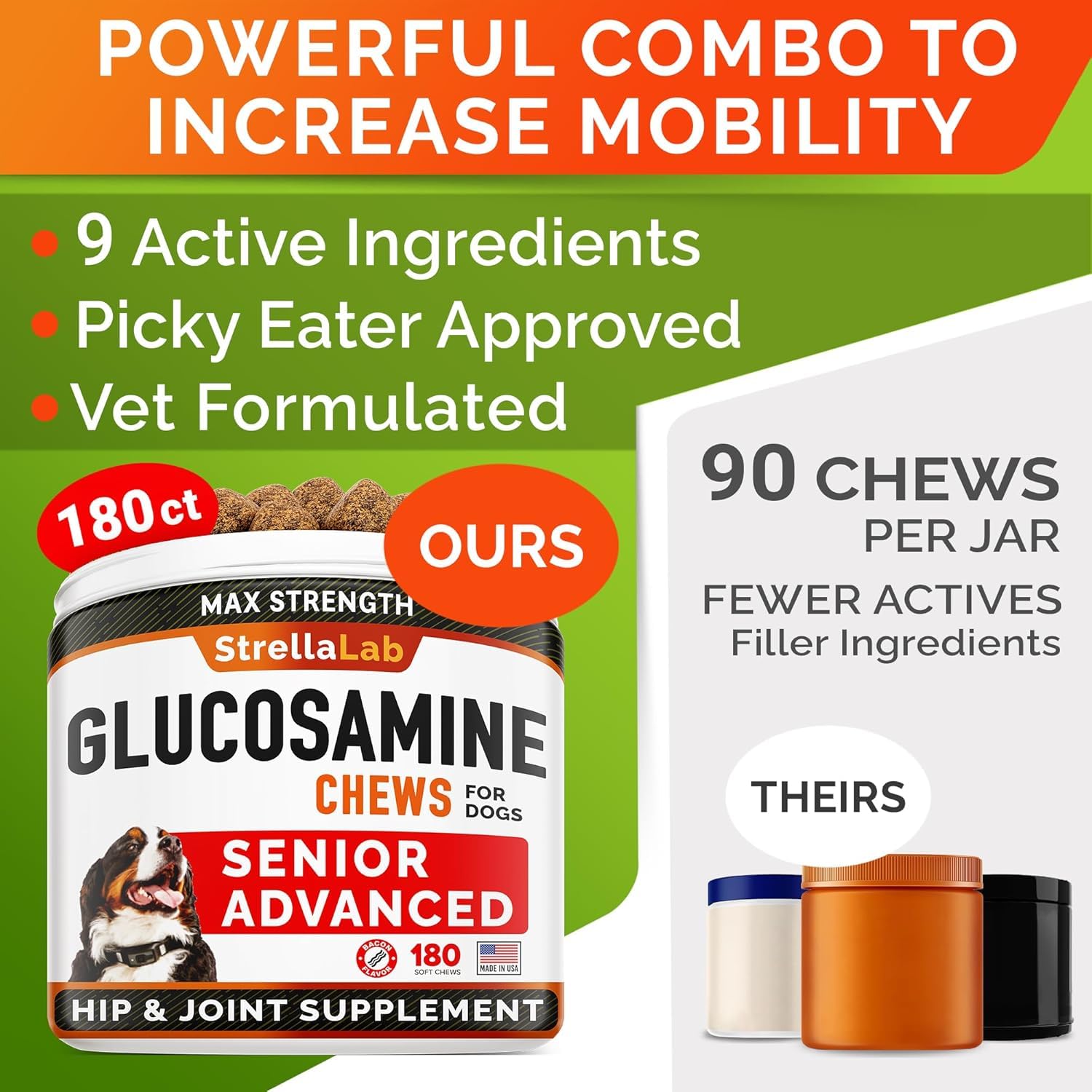 STRELLALAB Senior Dog Joint Supplement - Glucosamine Chondroitin, Bacon Flavor, 180 Count