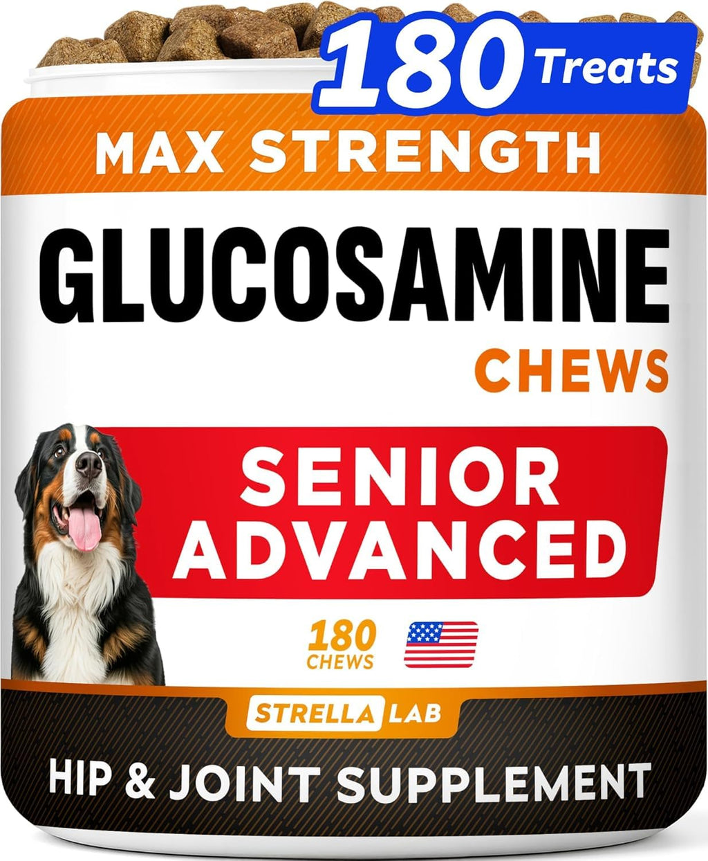 STRELLALAB Senior Dog Joint Supplement - Glucosamine Chondroitin, Bacon Flavor, 180 Count
