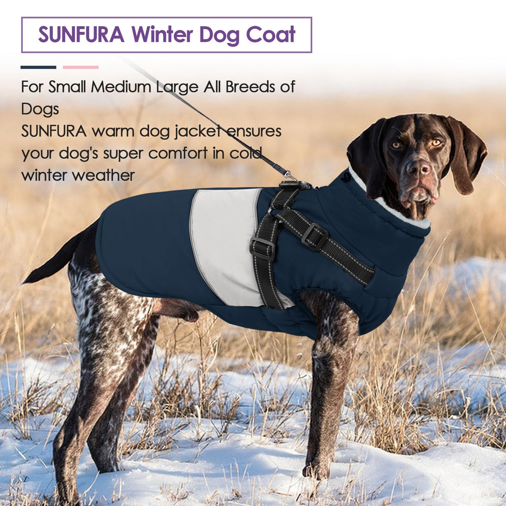 SUNFURA XXL Dog Coat with Built-In Harness | Waterproof Winter Jacket with Furry Collar - Navy 2XL