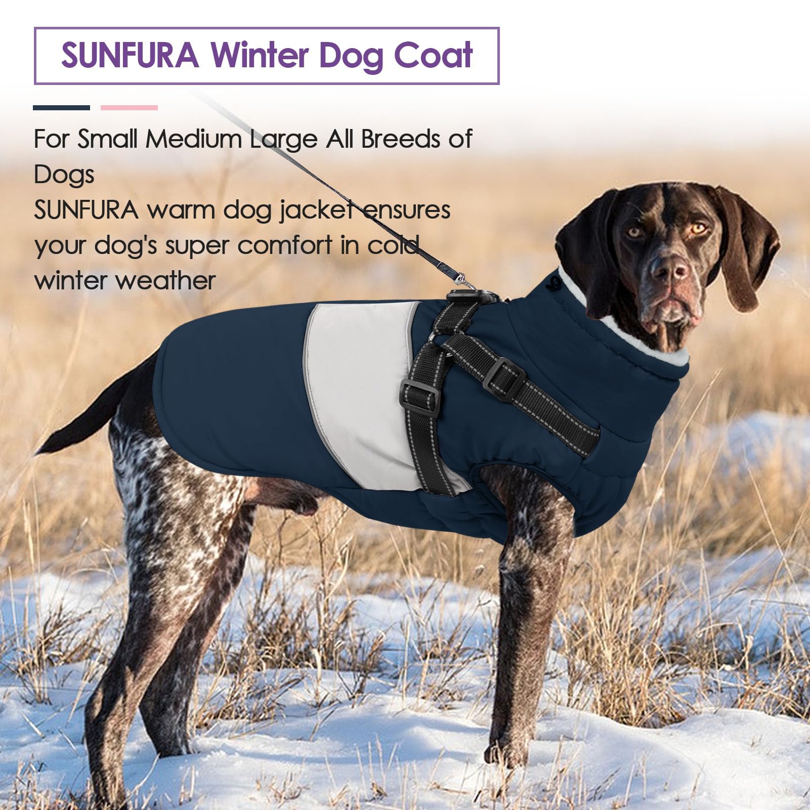 SUNFURA XXL Dog Coat with Built-In Harness | Waterproof Winter Jacket with Furry Collar - Navy 2XL