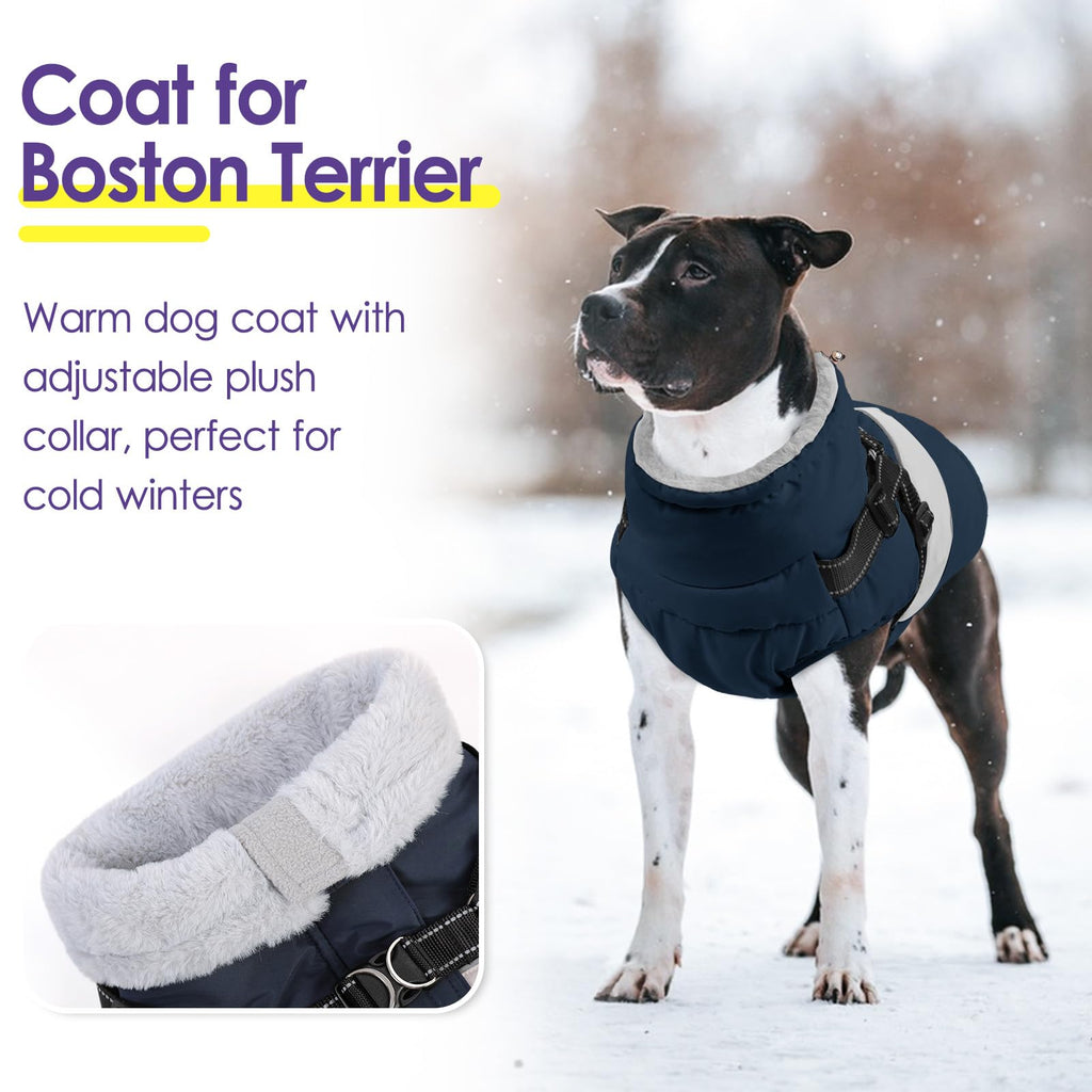 SUNFURA XXL Dog Coat with Built-In Harness | Waterproof Winter Jacket with Furry Collar - Navy 2XL