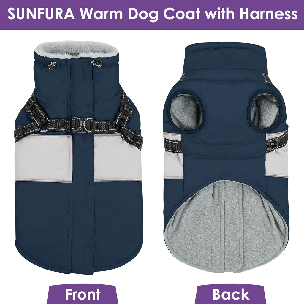 SUNFURA XXL Dog Coat with Built-In Harness | Waterproof Winter Jacket with Furry Collar - Navy 2XL
