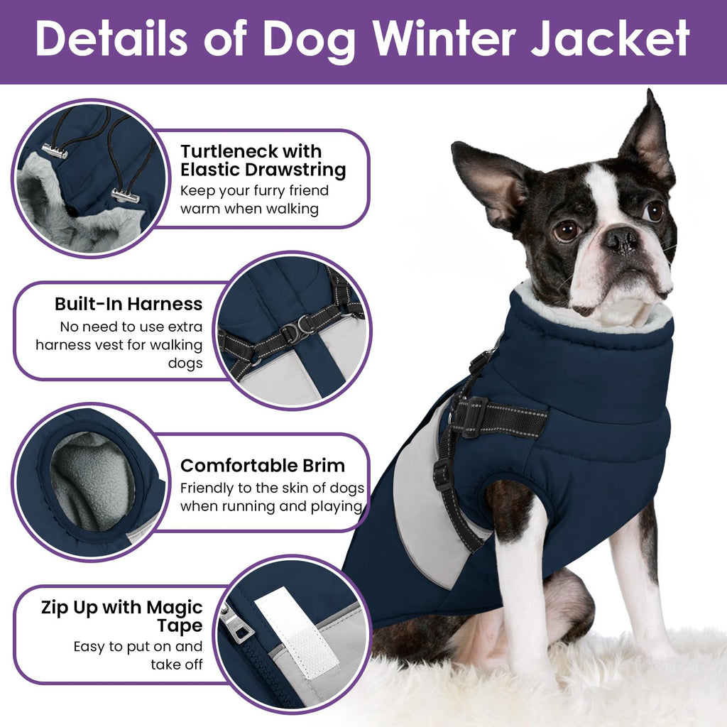 SUNFURA XXL Dog Coat with Built-In Harness | Waterproof Winter Jacket with Furry Collar - Navy 2XL