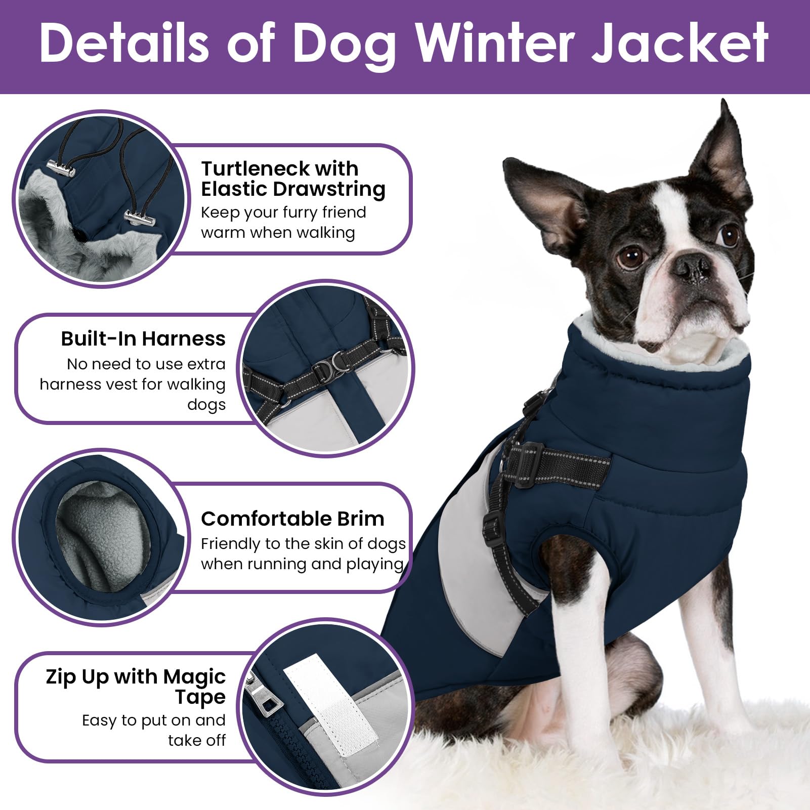 SUNFURA XXL Dog Coat with Built-In Harness | Waterproof Winter Jacket with Furry Collar - Navy 2XL
