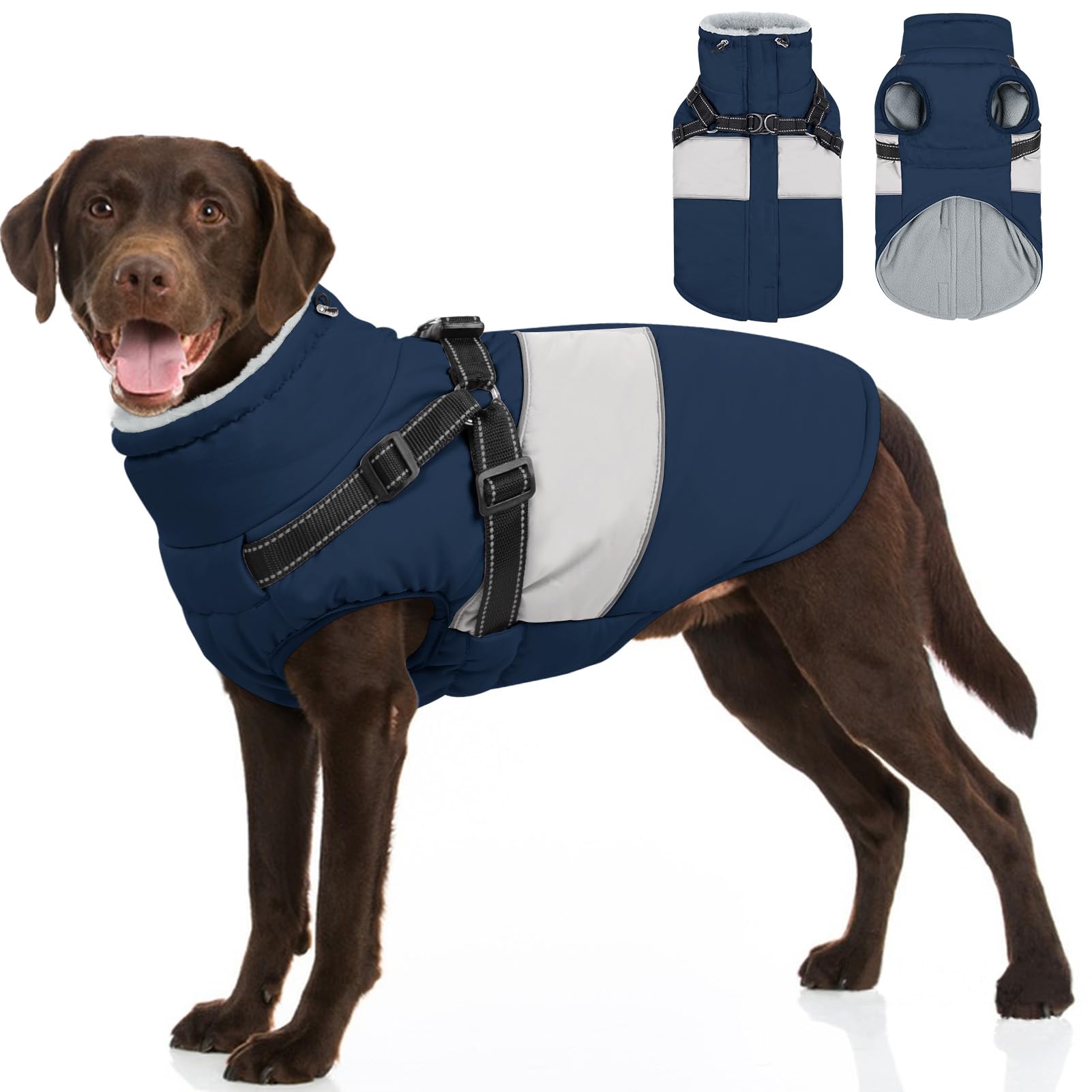SUNFURA XXL Dog Coat with Built-In Harness | Waterproof Winter Jacket with Furry Collar - Navy 2XL