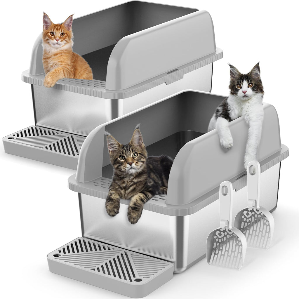 Suzzipaws - 2-pack 8-inch Deep Stainless Steel Litter Box with Lid for Multi-Cat Homes