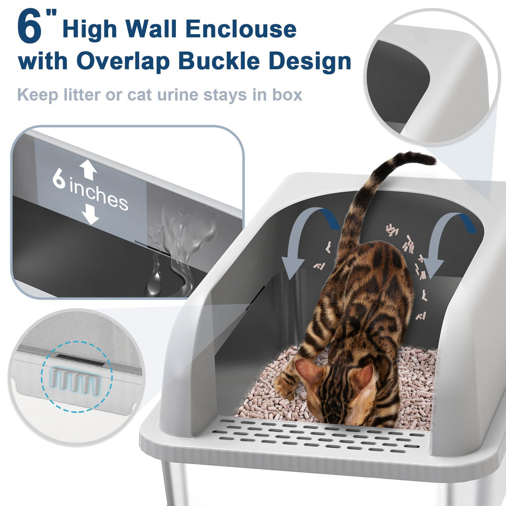Suzzzipaws Stainless Steel Litter Box with Lid — 19.6'' x 13.7'' x 12'', High Sides, Sifting Design, Anti-Leakage