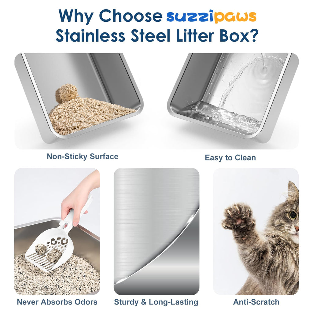 Suzzipaws - 2-pack 8-inch Deep Stainless Steel Litter Box with Lid for Multi-Cat Homes