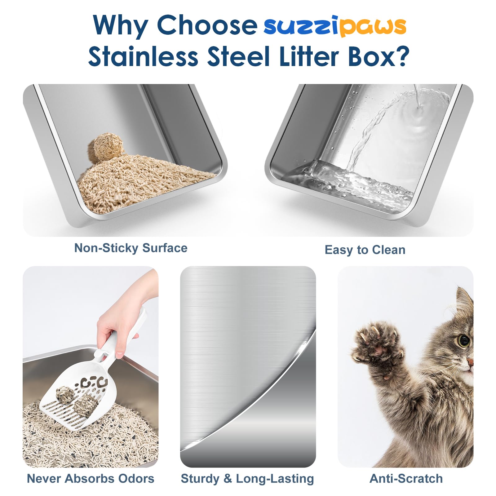 Suzzipaws - 2-pack 8-inch Deep Stainless Steel Litter Box with Lid for Multi-Cat Homes