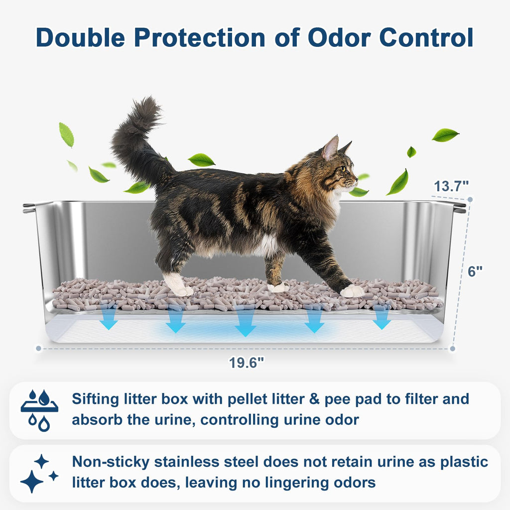 Suzzzipaws Stainless Steel Litter Box with Lid — 19.6'' x 13.7'' x 12'', High Sides, Sifting Design, Anti-Leakage