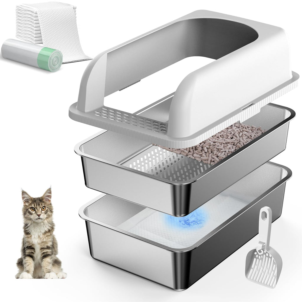 Suzzzipaws Stainless Steel Litter Box with Lid — 19.6'' x 13.7'' x 12'', High Sides, Sifting Design, Anti-Leakage