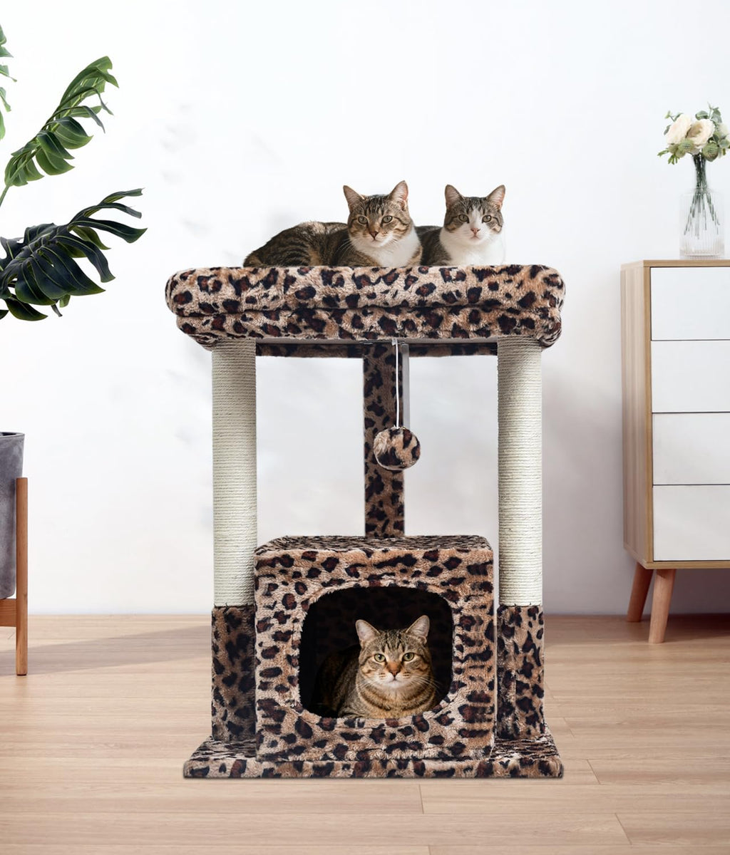 SYANDLVY 27-Inch Cat Tree for Indoor Cats – Leopard Print Activity Tower with Scratching Posts