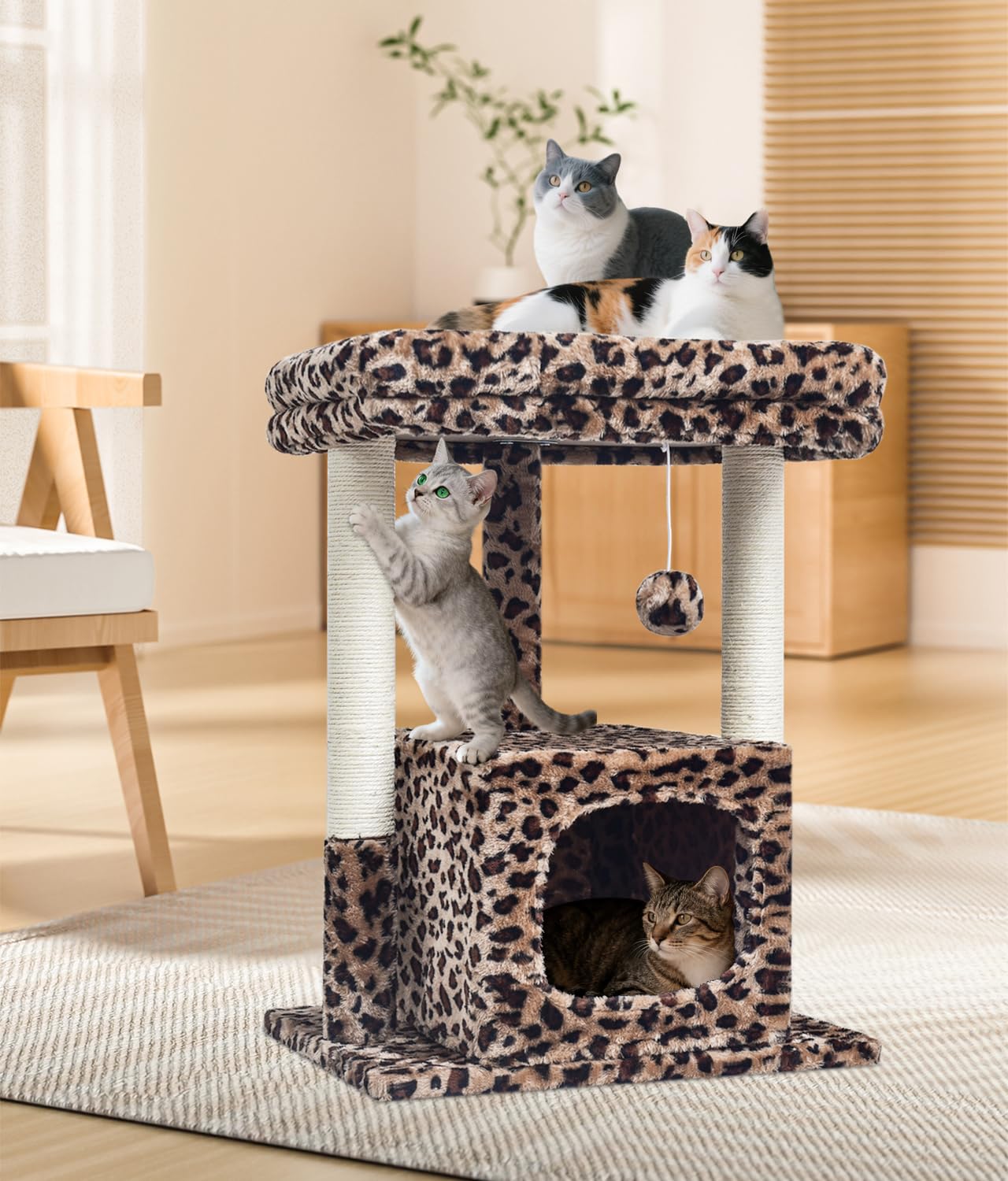 SYANDLVY 27-Inch Cat Tree for Indoor Cats – Leopard Print Activity Tower with Scratching Posts