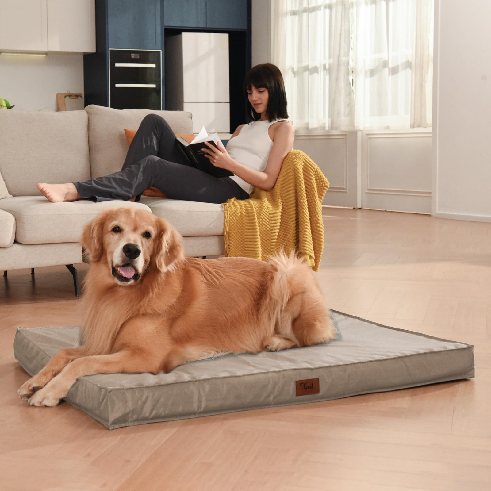 Tail Stories Outdoor All-Weather XL Dog Bed – Waterproof Orthopedic 44x32 in (Khaki)