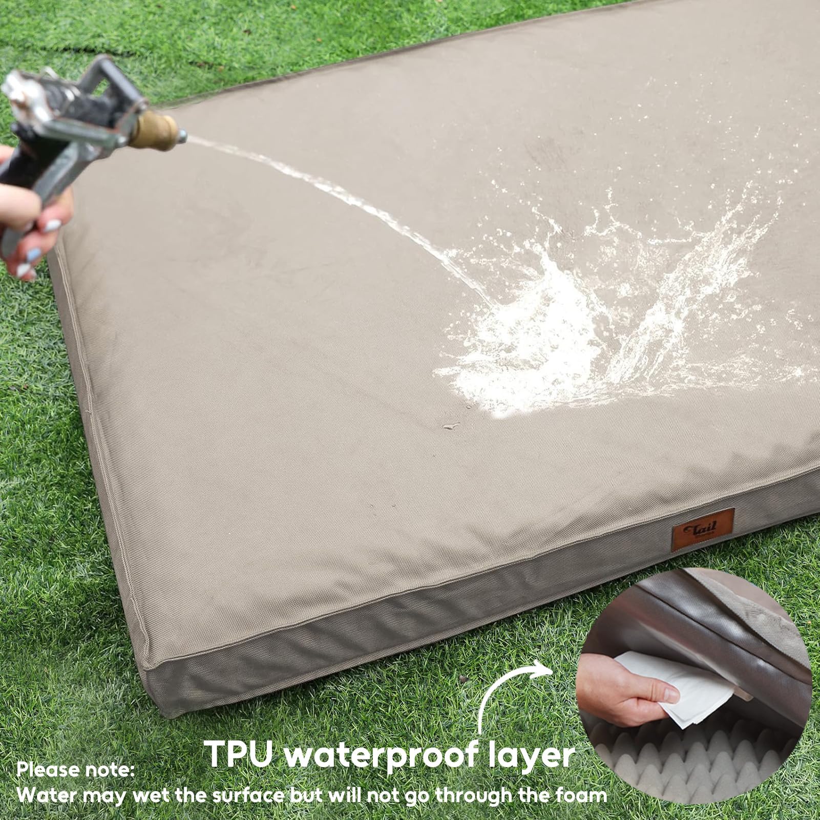 Tail Stories Outdoor All-Weather XL Dog Bed – Waterproof Orthopedic 44x32 in (Khaki)