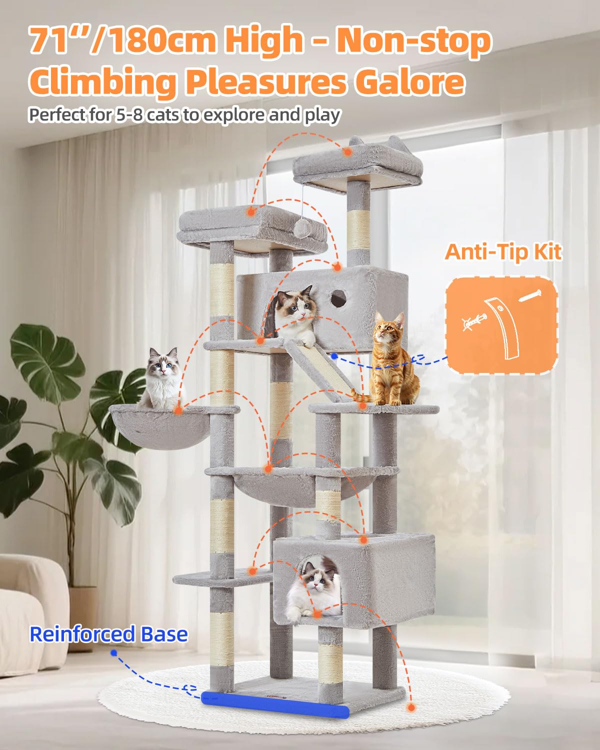 Taoqimiao Cat Tree 71-Inch Indoor Cat Condo | 8 Sisal Posts, 2 Top Perches