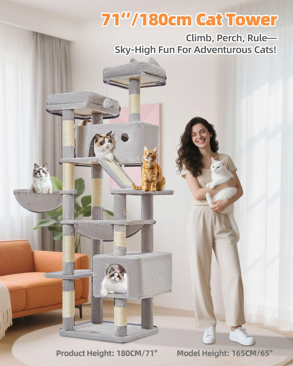 Taoqimiao Cat Tree 71-Inch Indoor Cat Condo | 8 Sisal Posts, 2 Top Perches