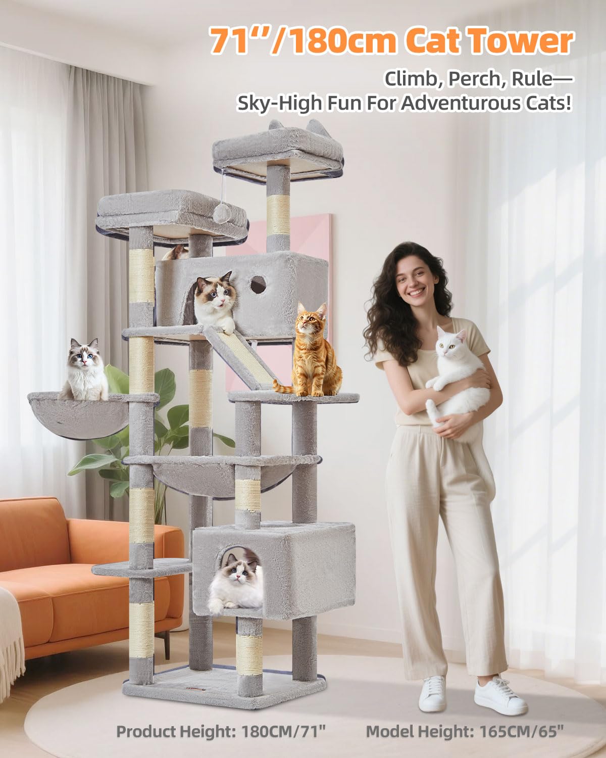 Taoqimiao Cat Tree 71-Inch Indoor Cat Condo | 8 Sisal Posts, 2 Top Perches